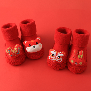 婴儿鞋袜宝宝地板袜秋冬季新生儿大红周岁学步鞋子加厚保暖新年袜