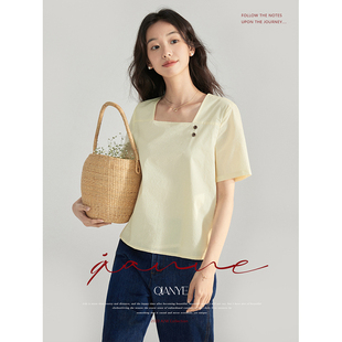 浅耶小清新淡黄色方领上衣设计感小众女2024夏季条纹短袖T恤