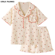 Urala pajamas可爱樱桃睡衣女夏季款纯棉短袖套装开衫翻领家居服