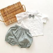 夏季韩版男童套装礼服 0-4岁短袖衬衫短裤带领结帅气婴儿宝宝周岁