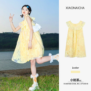 夏季法式甜美黄色荷叶边连衣裙，女小个子宽松显瘦娃娃领短裙子