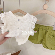韩国童装女童背心夏款韩版甜美蕾丝花边针织上衣绿色短裤套装