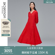 EXCEPTION例外女装春秋款匹绣工艺设计七分袖亚麻中长款连衣裙