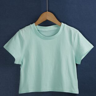 1363短袖T恤衫 棉质圆领套头薄款纯色时尚修身短款T恤女装外贸尾