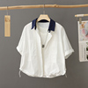 白色法式纯棉短袖衬衫上衣女，小个子薄款设计感小众polo领衬衣外套