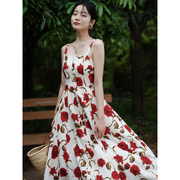 诺比昂红色玫瑰碎花，连衣裙女别致吊带裙法式复古气质长裙高级感