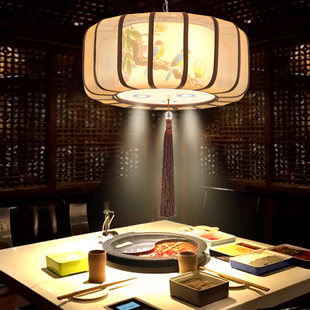 新中式吊灯复古带射灯餐厅，包间布艺古典创意，灯具圆形茶楼过道灯笼