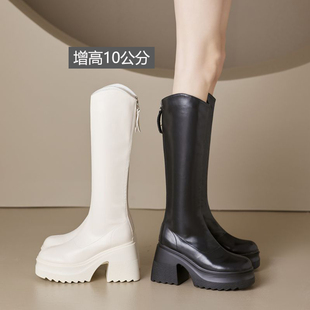 增高10厘米厚底高筒靴，女2024长筒靴，加绒高跟靴子小个子骑士靴