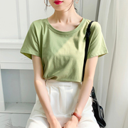 绿色大圆领短袖t恤女夏2023年纯棉宽松薄款体恤半袖简约上衣