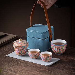 陶瓷珐琅彩女士旅行茶具套装一壶三杯便捷式收纳包防烫户外泡茶