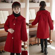 女大童毛呢子大衣外套，秋冬季款2023儿童红色，夹棉新年装拜年服