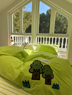 荧光绿小树毛巾绣床上纯棉，四件套1.5m1.8公寓，全棉床单被套三件套