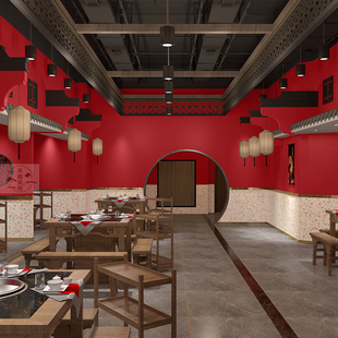 新中式风格复古红色墙纸自粘小吃店，餐饮店高端大气，店铺装修壁纸贴