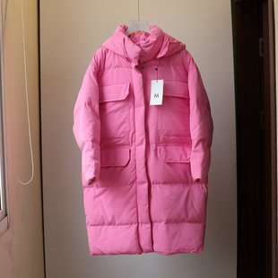 网红原单 韩版女士超厚中长款粉红色显白连帽棉衣棉服外套1.7KG