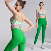绿色不规则印花文胸上衣情趣瑜伽服套装女士运动健身服两件套
