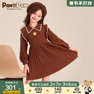 PawinPaw小熊童装2023年冬季女童翻领高腰针织连衣裙优雅裙子