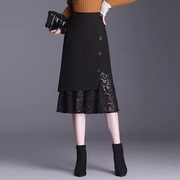 黑色鱼尾半身裙女2024年夏季蕾丝裙a字，高腰垂感中长包臀裙子