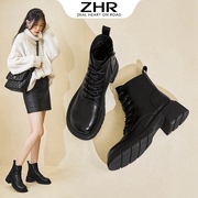 zhr英伦短靴女2024冬季款粗跟厚底马丁靴，时尚复古靴子加绒保暖