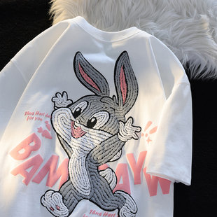 jwneed可爱小兔子t恤男女，夏季宽松小众立体印花情侣，短袖潮牌原创