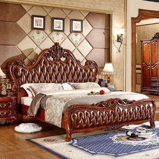 定制欧式皮床实木床双人床，1.8米太子床主卧婚床，床头柜雕花床卧室