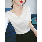 白色短袖t恤女夏季2024气质，修身显瘦chic韩系低领设计感上衣