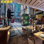 。3D香港街景壁画港式茶餐厅复古怀旧装饰墙布小吃店自粘夜景墙壁