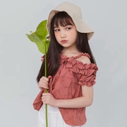  韩国进口童装BerryBerry2018夏女中大童木耳边吊带露肩T恤