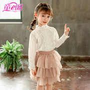女童长袖衬衫韩版秋季中大童，白色上衣纯棉，淑女风儿童立领衬衫