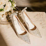 蝴蝶结新娘高跟鞋细跟银色亮片水晶鞋法式高级感水钻纱32·43全码
