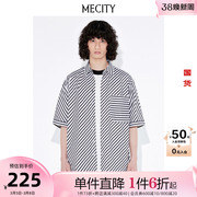 mecity男士夏季黑白，条纹宽松休闲全棉，短袖衬衫