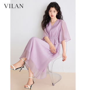 vilan慧兰天丝连衣裙女气质夏季时尚，显瘦v领纯色短袖中长裙