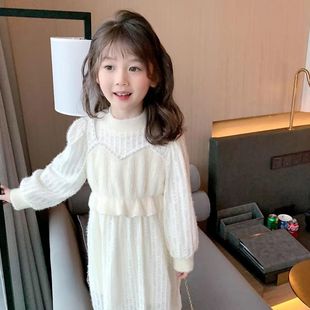 女童韩版加绒连衣裙秋冬装，儿童假两件白色针织，公主裙宝宝裙子