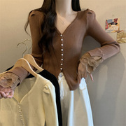 甜美蕾丝喇叭袖针织开衫女2024春季韩版法式减龄V领短款上衣