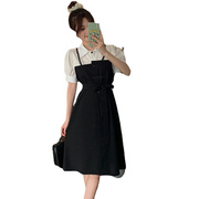 2023春夏黑白拼接假两件连衣裙，设计感韩版系带收腰衬衫裙子女