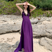 超长款超仙泰国沙滩裙女夏海边度假蕾丝拼接显瘦吊带长裙连衣裙