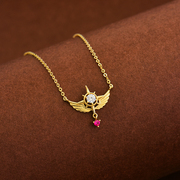 韩国时尚纯14k金黄金项链，个性镶钻十字星星，翅膀吊坠彩金锁骨链潮