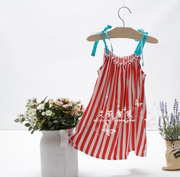  女童宝宝夏款清凉吊带 儿童装红色竖条纹上衣 夏季裙子