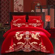 全棉结婚四件套大红刺绣x婚庆床品婚房喜被六八十件套纯棉床