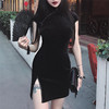 KLIOU 中式复古裙改良旗袍黑色连衣裙少女款气质显瘦开叉chic短裙