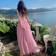 三亚旅游拍照衣服女度假沙滩裙粉色生日长裙露背吊带连衣裙仙女裙
