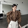 韩国东大门女士复古气质极简慵懒可爱蕾丝花边泡泡袖花朵衬衫