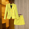 欧洲站亮黄色时尚裙套装西装外套B扣半身裙气质法式品质两件套裙