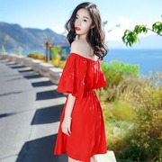 夏季女装红色短款收腰一字领雪纺连衣裙泰国普吉岛沙滩裙海边度假