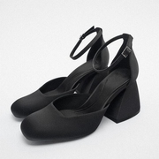 黑色粗跟高跟鞋女2023年春夏季时尚优雅方头，浅口中空单鞋凉鞋