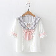 日系清新甜美少女可爱兔子刺绣海军雪纺JK短袖白衬衫学生衬衣夏女