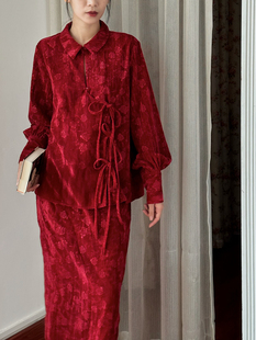 Srose 映蓉 复古红色提花丝绒衬衫套装节日礼服新中式上衣女2023