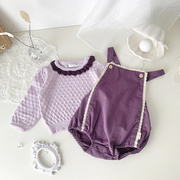 super逗妈春秋套头圆领镂空针织衫，婴儿提花长袖针织紫色背带包屁