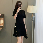 夏黑色(夏黑色)收腰显瘦裙子，法式圆领小众设计感气质减龄高级感连衣裙