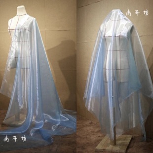 浅灰蓝水晶纱闪光水光，透明硬挺刺绣，设计师面料汉服礼服道具布料