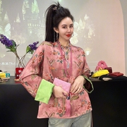 春季中国风时尚印花长袖，衬衫女复古新中式，民族风斜襟盘扣上衣